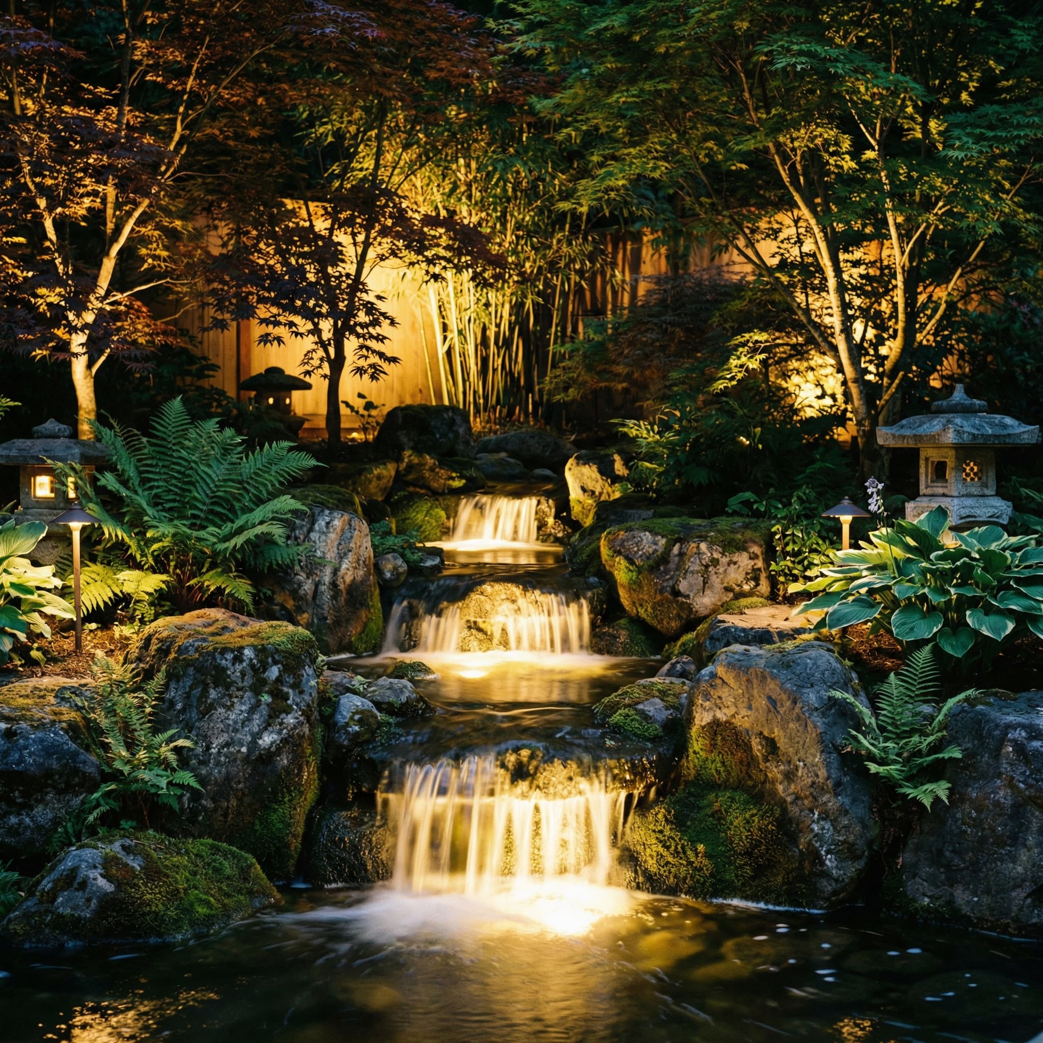 Illuminated garden water fountain at night
