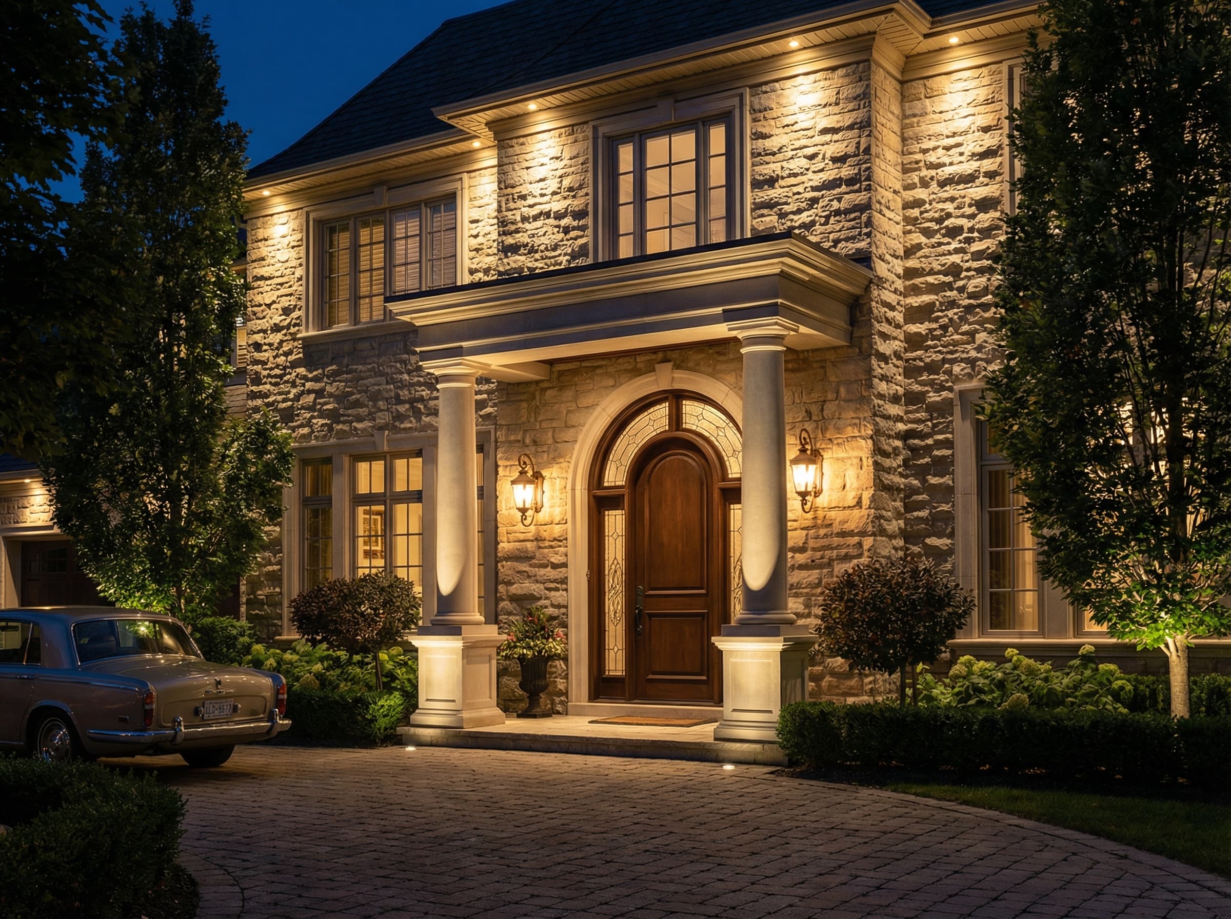 Elegant home with architectural uplighting highlighting stone facade