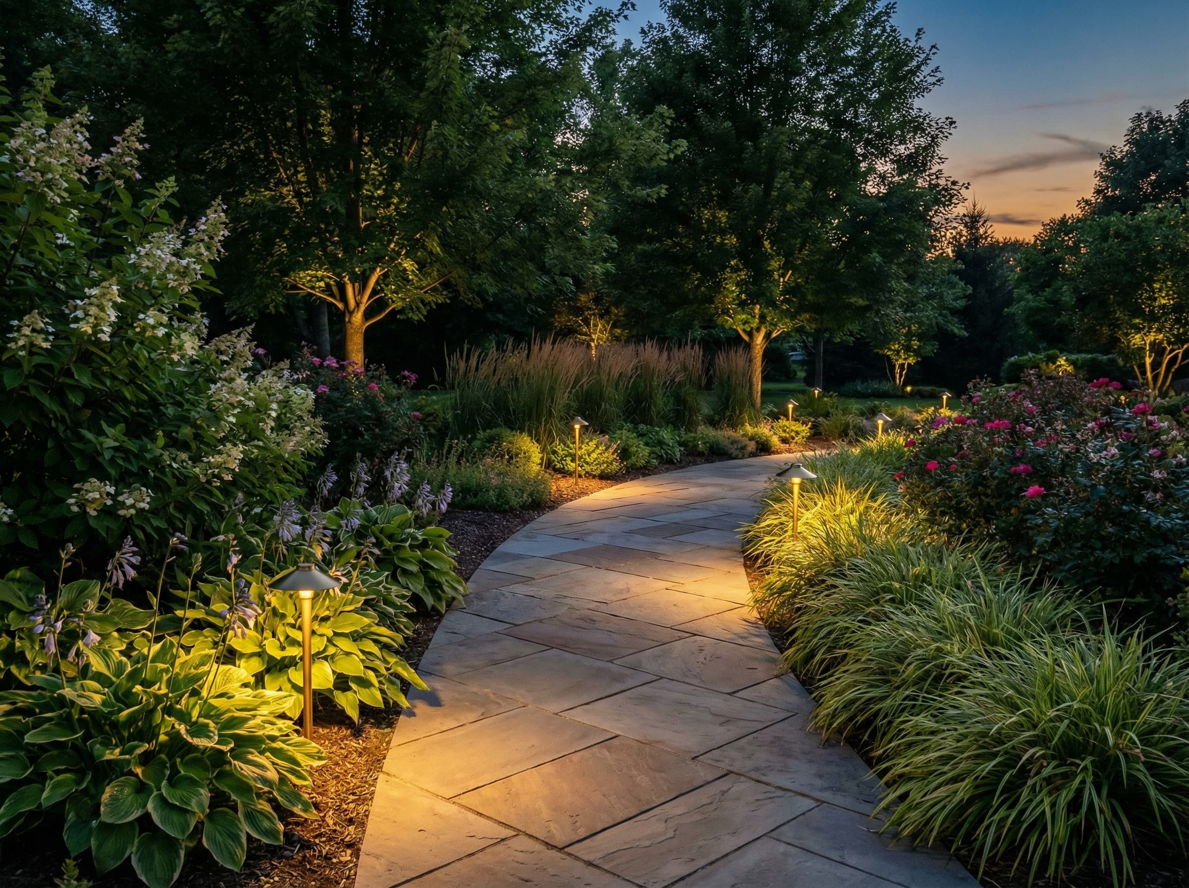 Beautiful brass pathway lighting along garden walkway